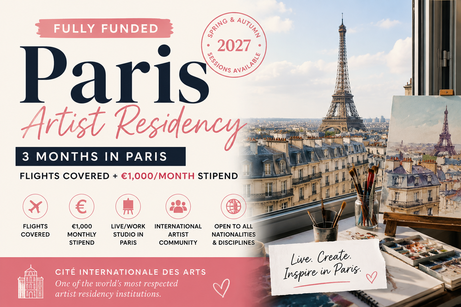 Fully Funded Paris Artist Residency 2027: Live in Paris for 3 Months with Flights and a €1,000 Monthly Stipend